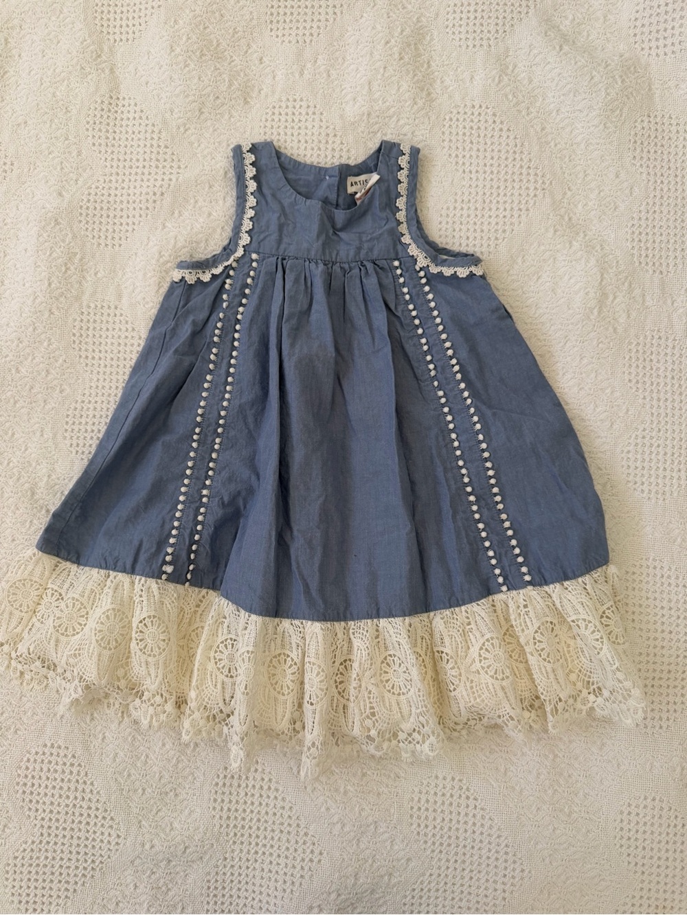 Artisan Ny Blue Sundress with Cream Lace Trim